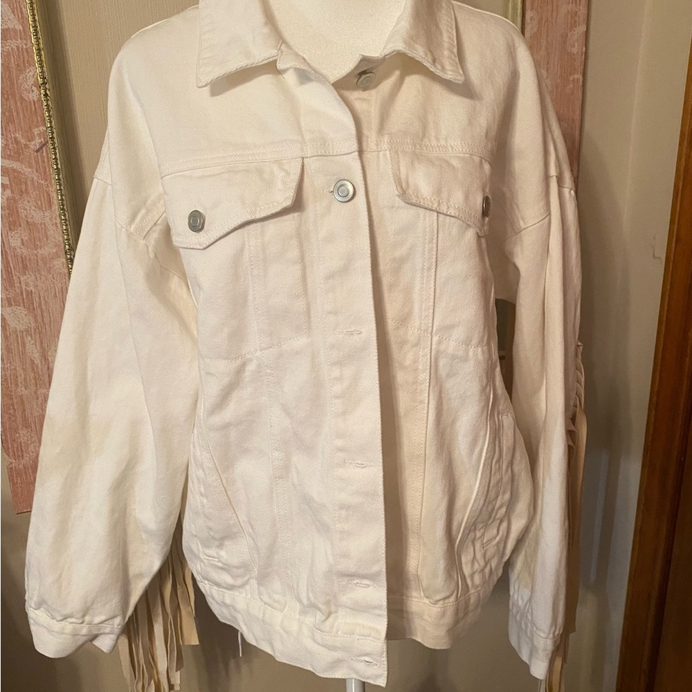 “how. very. loved.” Denim Fringed Jacket Off White. Size Medium